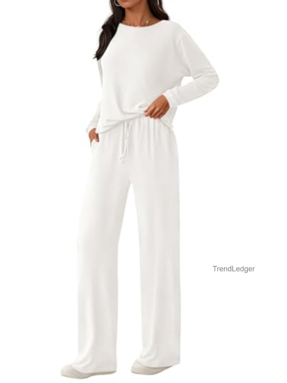 2 Piece Lounge Set Crewneck Long Sleeve Wide Leg Drawstring Pants Tracksuit